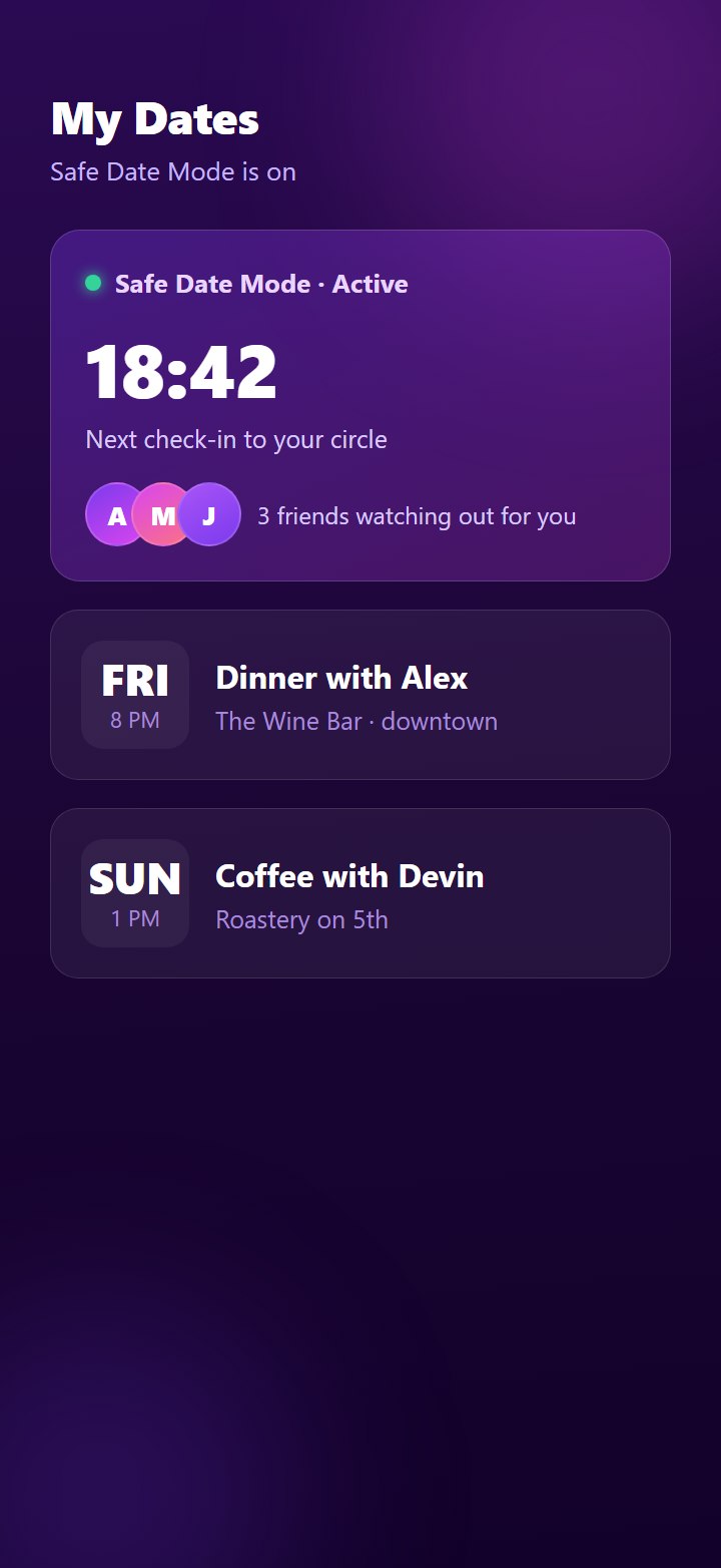 The My Dates screen in The Roster with Safe Date Mode active — a check-in countdown, friends watching out for you, and upcoming dates
