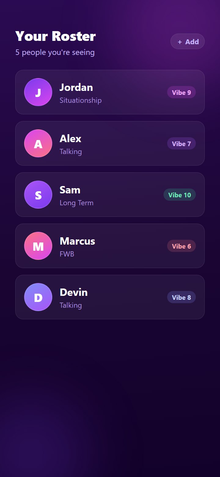 The Roster app roster screen listing five people you're seeing — each with an avatar, name, relationship status like Situationship or Talking, and a vibe score